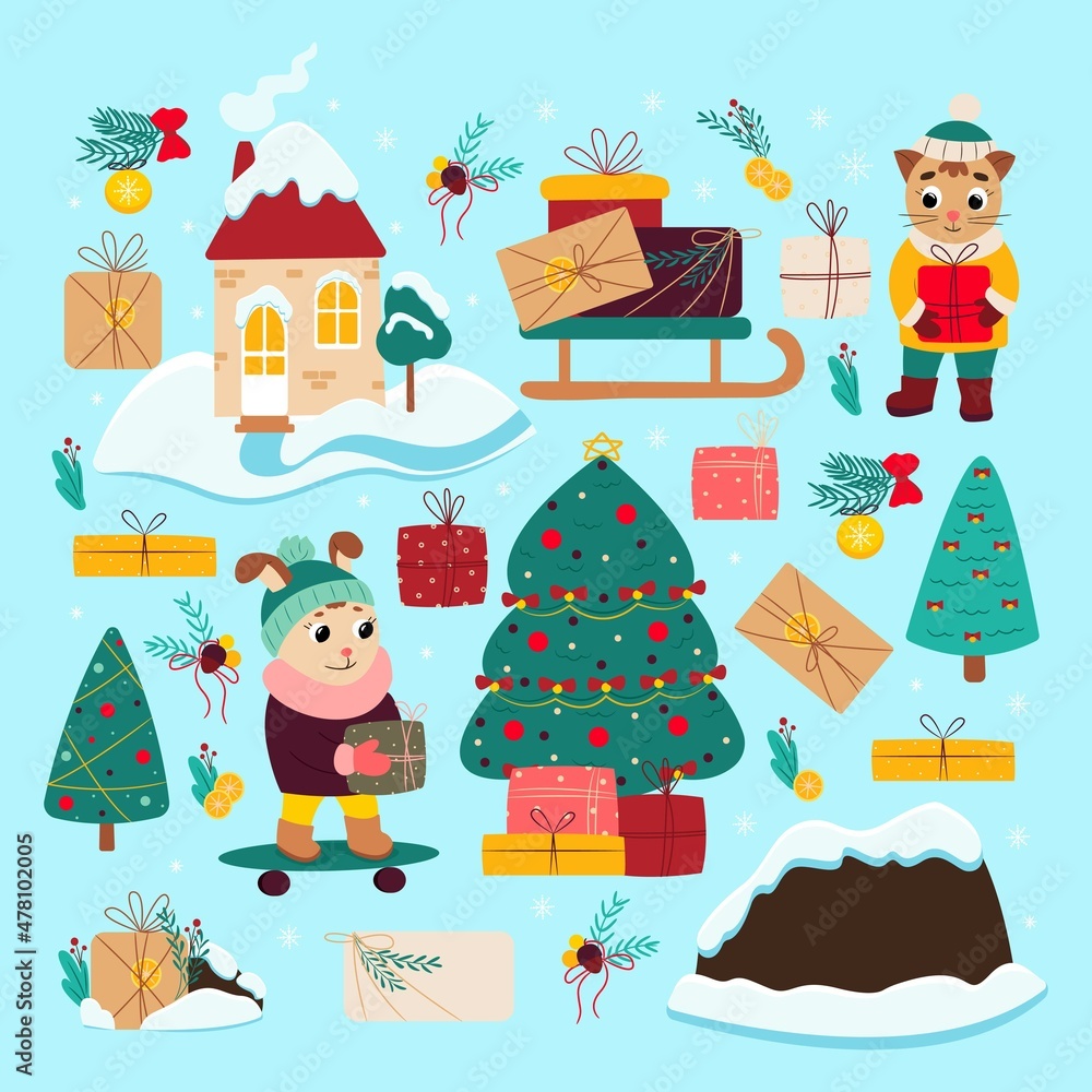 Cute Christmas set with bunny and cat. Vector illustration in cardboard flat style.