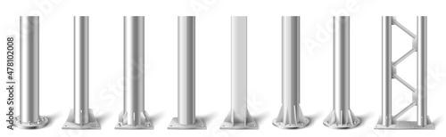 Metal pole pillars set, steel pipes of different diameters bolted on round base