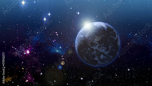 Fototapeta Naklejka Na Ścianę i Meble -  Surface of Earth planet in deep space. Outer dark space wallpaper. Night on planet with cities lights. View from orbit. Elements of this image furnished by NASA.