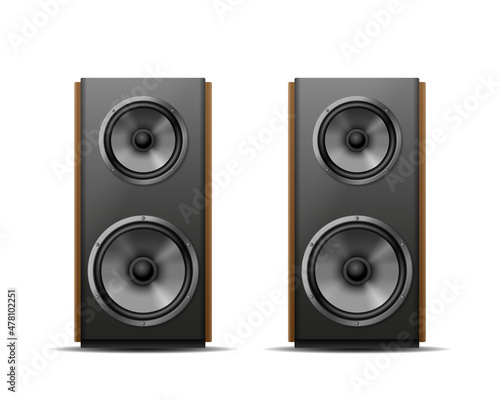 Realistic sound speaker in black. Music loudspeaker, sub woofer acoustic stereo musical equipment