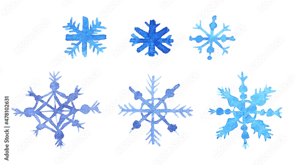 Fototapeta premium Winter crystal snowflakes in blue watercolor collection. Set of decor element for christmas, new year in aquarelle. Symbol of snow, blizzard painted with brush. Isolated illustration on white backdrop