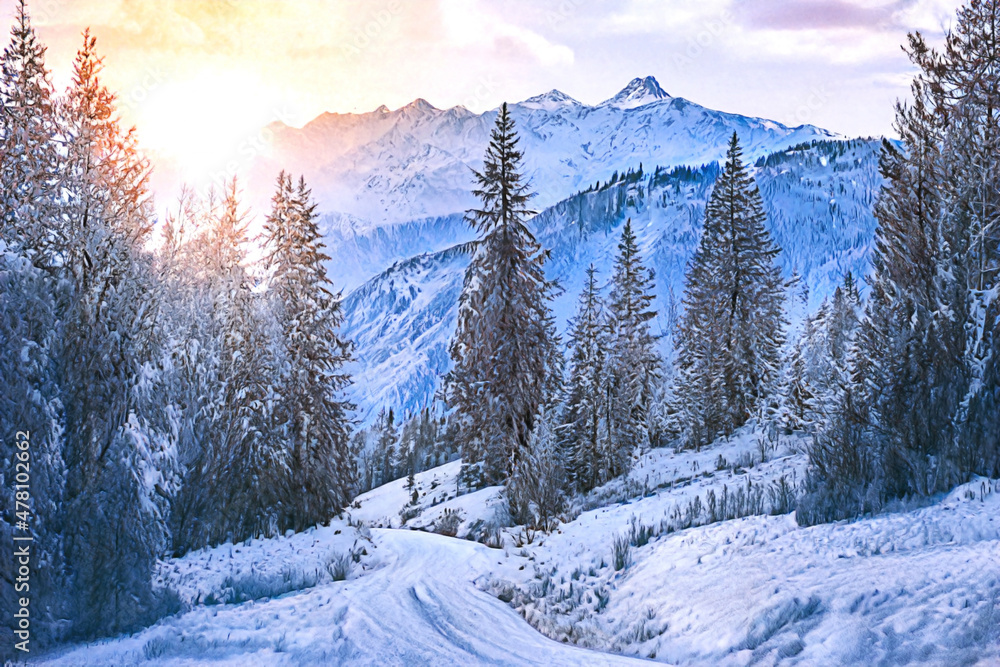 Fototapeta premium Paysage de montagne sous la neige au coucher de soleil