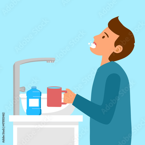 Man using mouthwash for fresh breaths and plaque prevention in flat design. Good dental health care.