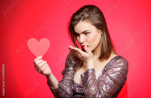 I love you so much. Sexy woman in glamour dress. Valentines day party. I love you. Love and romance. Valentines day sales. Sensual girl with decorative heart. Romantic greeting. Be my valentine