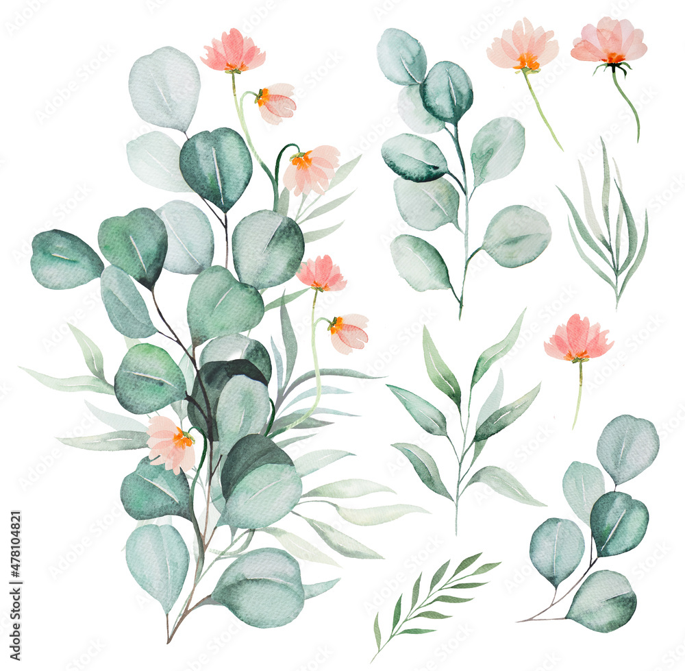 Watercolor pink flowers and green eucalyptus leaves bouquet ...