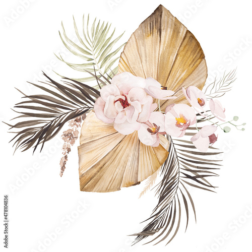 Watercolor Bohemian bouquet with dried leaves and tropical flowers illustration