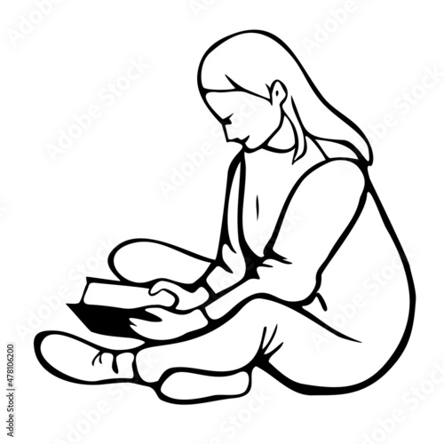 Vector illustration of reading woman. Girl is sitting with book.