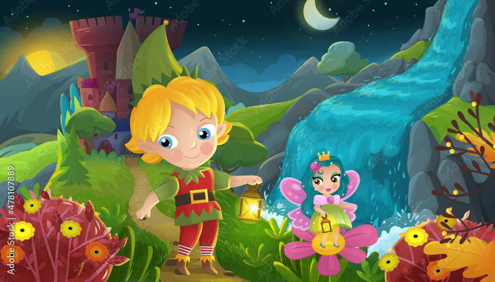 cartoon scene forest princess and elf prince and castle cartoon scene forest princess and elf prince and castle