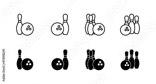 Bowling icons set. bowling ball and pin sign and symbol.
