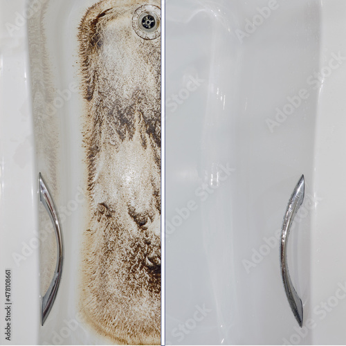 Obraz na plátně Dirty bath due to clogged sewer pipe and poor drainage before and after cleaning