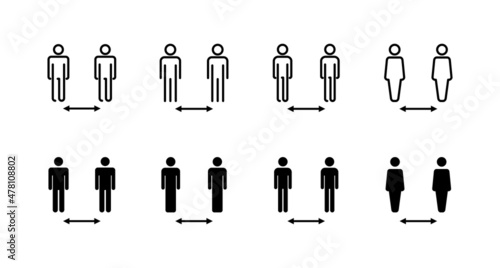 Social distance icons set. social distancing sign and symbol. self quarantine sign