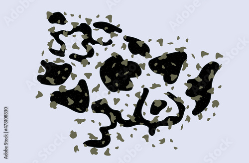 Mold spots, mildew. Black fungus on a damp wall or humidity ceiling. Rotten, toxic stain mold. Health hazard. An isolated spot with a texture. Mildew, black fungus, microbes. Vector illustration.