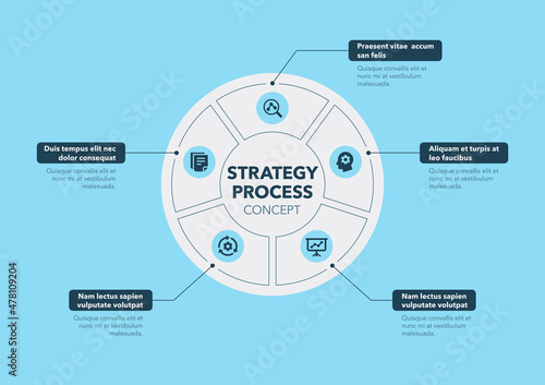 Strategy process concept with five steps and place for your description - blue version. Easy to use for your website or presentation.