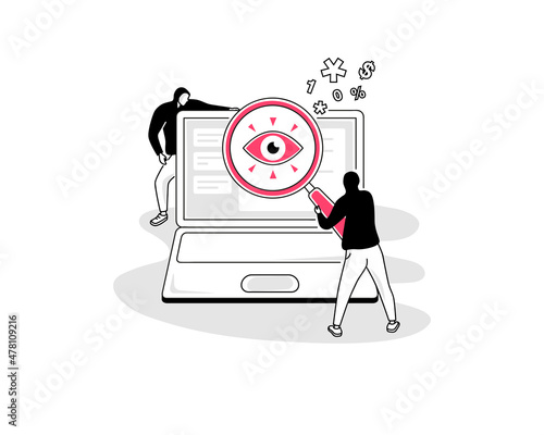 Illustration of a spyware attack symbol with a spy magnifier and a laptop. Easy to use for your website or presentation. photo