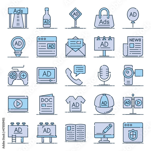Filled outline icons for advertising and media.