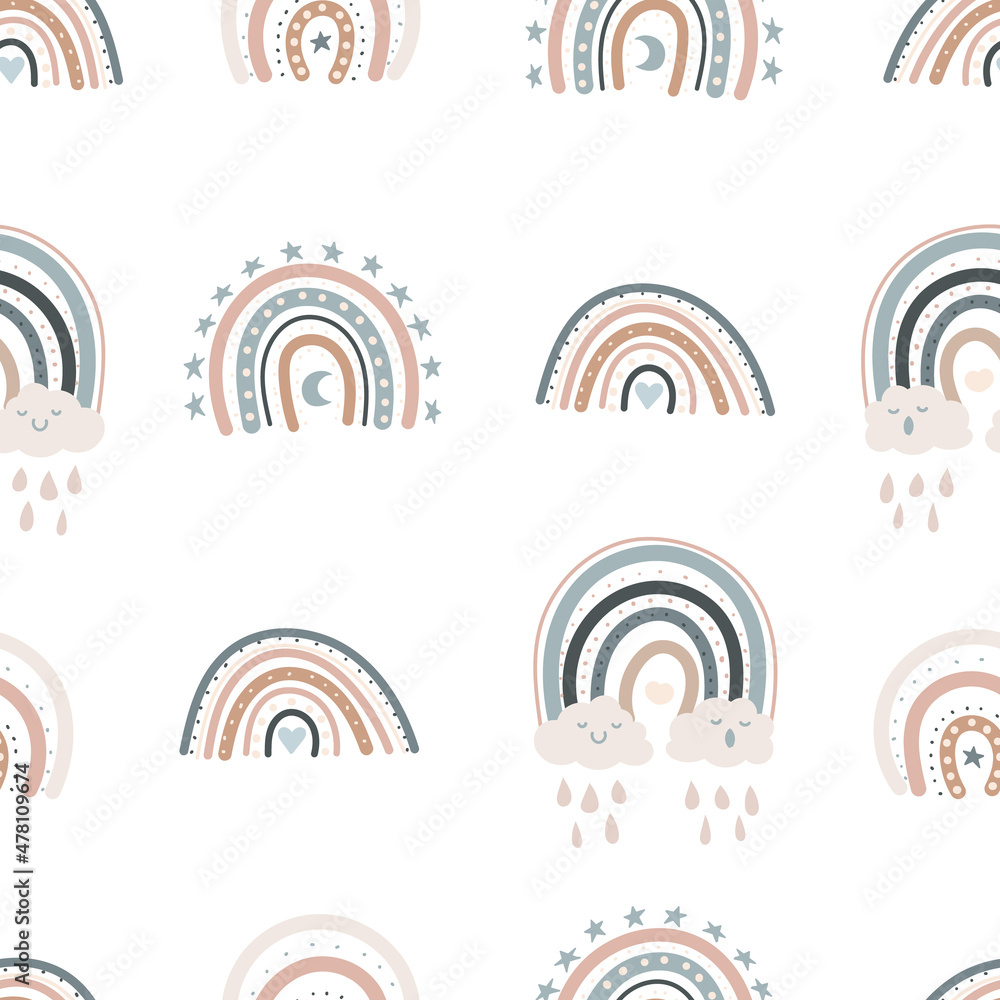 nursery boho rainbow seamless pattern. abstract baby room pattern with cloud. stock modern trendy hand drawn flat illustration isolated on white background. nursery boho rainbow seamless pattern. abstract baby room pattern with cloud. stock modern trendy hand drawn flat illustration isolated on white background.