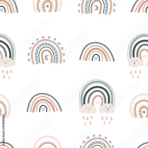 nursery boho rainbow seamless pattern. abstract baby room pattern with cloud. stock modern trendy hand drawn flat illustration isolated on white background.