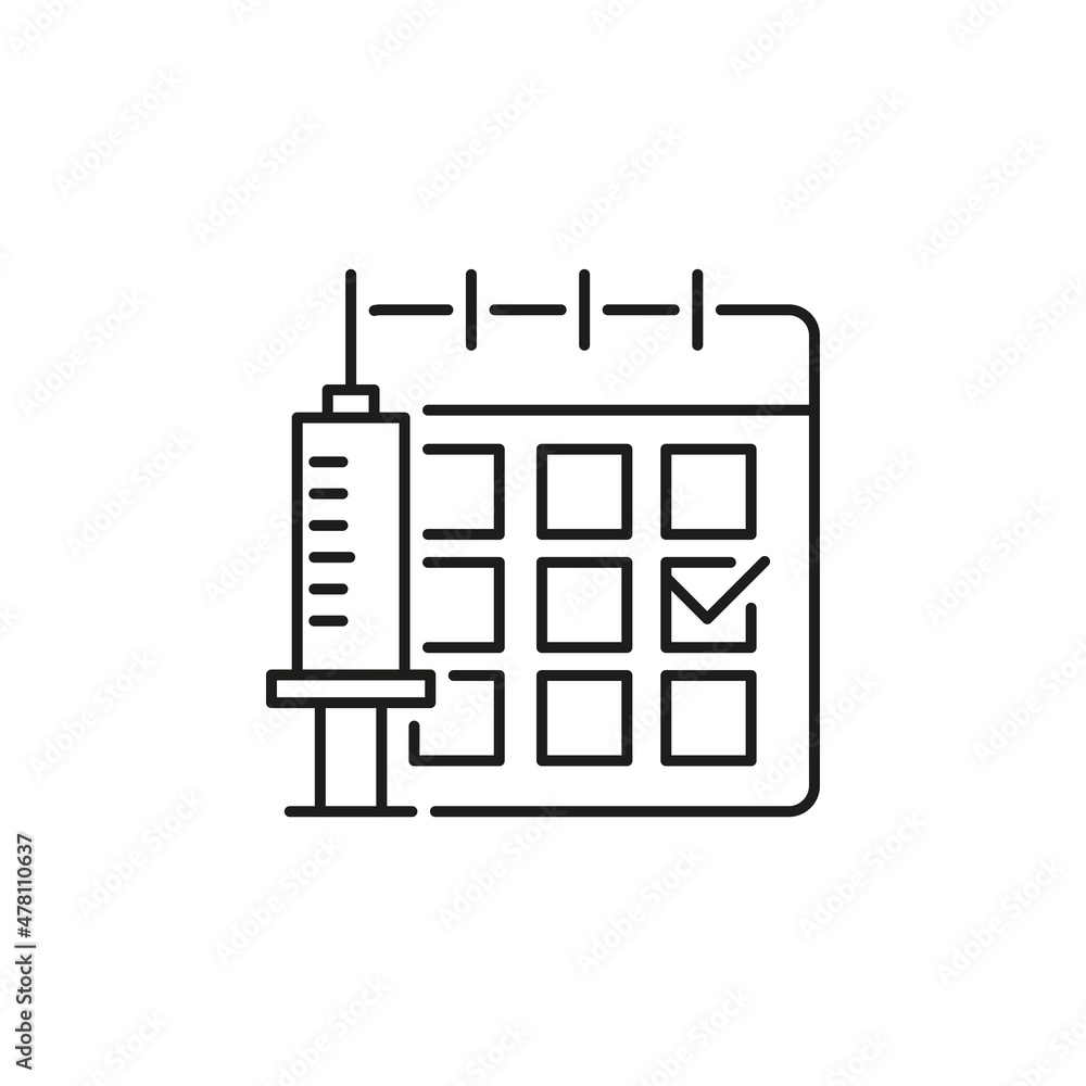 Syringe with vaccine and calendar line icon. Editable stroke Syringe with vaccine and calendar line icon. Editable stroke