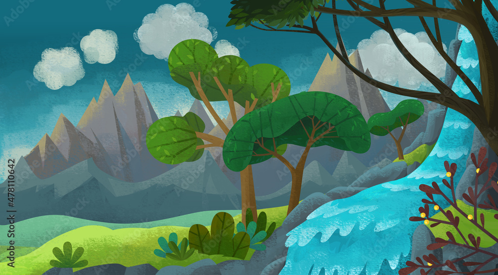 cartoon scene with fairy tale nature forest illustration