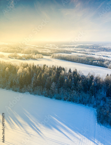 snow and frost in the field from drone photo