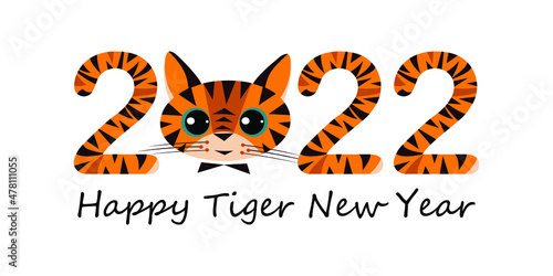 Funny symbol of Happy Chinese New Year 2022. Cartoon tiger and striped numbers on a white background. Simple flat style illustration. Vector.