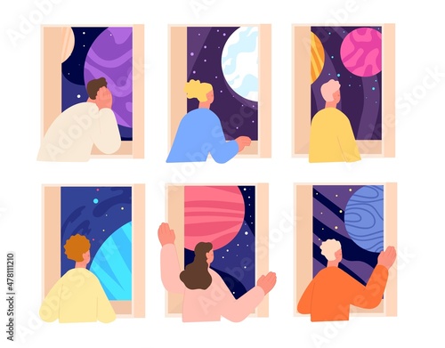 People dreaming at windows. Peeking woman, window home on sky. Persons relax, looking in universe thinking about future. Romantic mood utter vector set