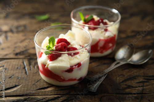 Homemade meringue trifle with custard and raspberries photo