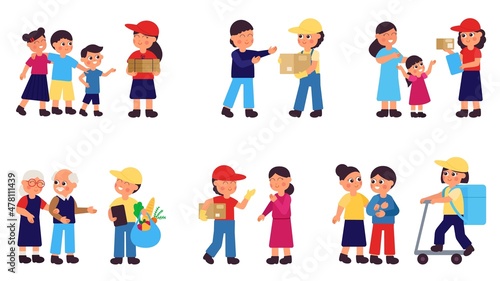 People and delivery. Commercial idea of help to senior, groceries store services. Courier with boxes, parcels and food bags. Service to public decent vector set