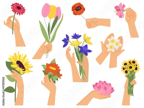 Flowers in female hands. Hand holding bouquets, spring summer garden flower. Botanical collection, women gift and florist hobby decent vector set