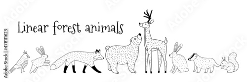 Hand drawn vector set with forest and woodland animals in line art style, isolated vector illustrations