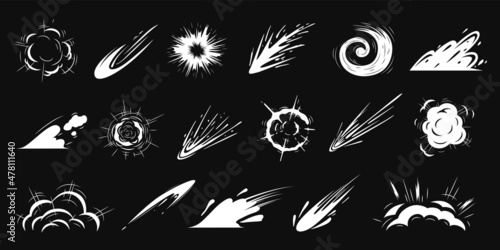 Cartoon energy explosion. Cloudy ring, explosions comic style. Fog and smoke clouds, white motion effects. 2d flash graphics, speed line recent vector set