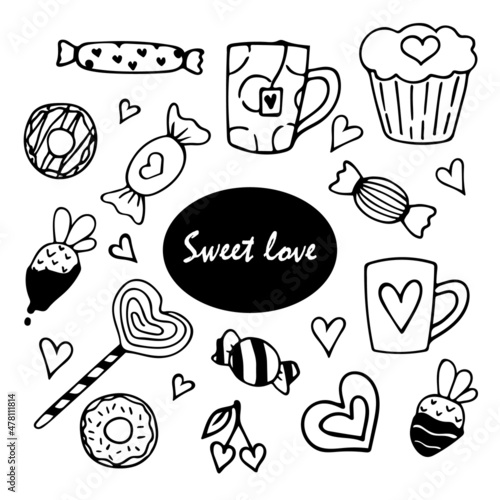Hand drawn doodle sweets. Vector cute candies. Love cliparts. Valentine's day set. Outline.