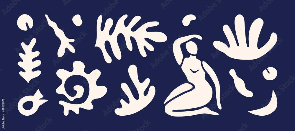 Obraz premium Banner with white hand-drawn sea shapes in Matisse style on blue background. 