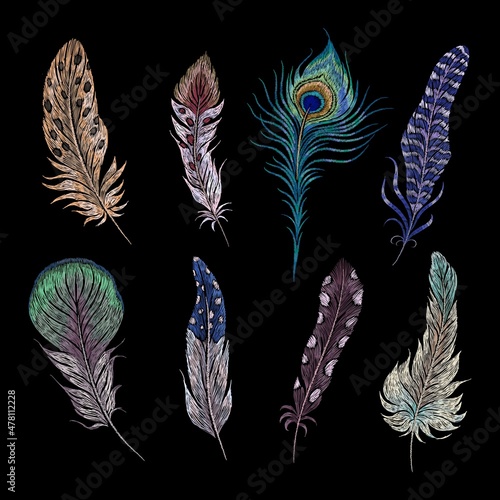 Embroidery feathers. Birds feather ethnic design, boho style patches. Hand stitch tribal elements, peacock wings decorative art. Nowaday vector set