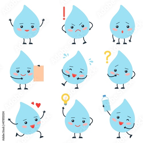 Cute cartoon drops. Funny drop, emotional droplets. Isolated water characters, thinking, angry and find solutions. Clean blue decent vector elements