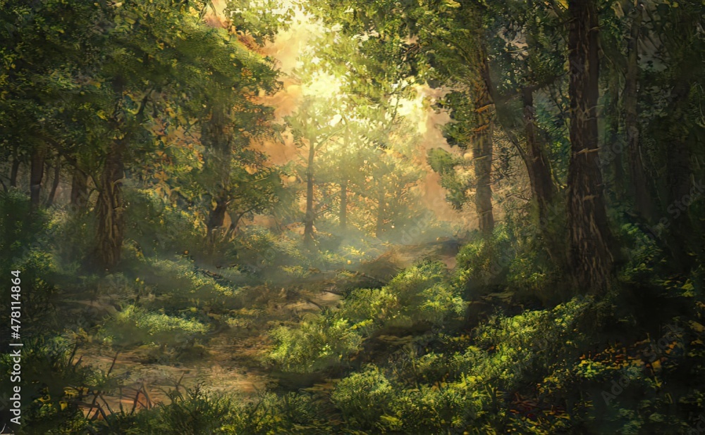 Beautiful magical forest fabulous trees. Forest landscape, sun rays illuminate the leaves and branches of trees. Magical summer forest. Illustration - obrazy, fototapety, plakaty 