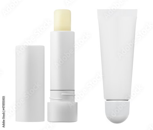 Lip balm tube mockup. Lipstick gloss cosmetic container vector package template. Woman decorative lip moisture tube, lip care ointment or moisturizer balsam. Beauty products cream mock up photo