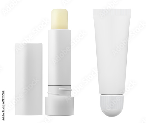 Lip balm tube mockup. Lipstick gloss cosmetic container vector package template. Woman decorative lip moisture tube, lip care ointment or moisturizer balsam. Beauty products cream mock up