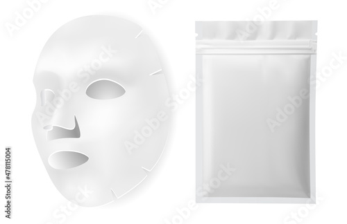 Facial mask, vector beauty pack. Face mask sheet, cosmetic package blank design. Collagen cotton mask template with sample packaging, woman detox treatment, isolated illustration