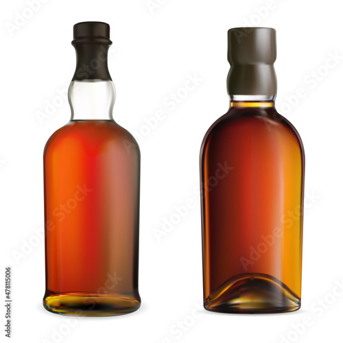 Whiskey bottle blank. Kentucky bourbon brown glass bottle. Rum or brandy alcohol drink jar design with cork for branding and advertising on poster