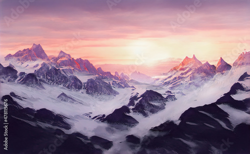 Winter Fabulous Panoramic landscape mountains, mountain peaks amazing view. Magical winter snow nature valley of mountains and ridges. Illustration photo
