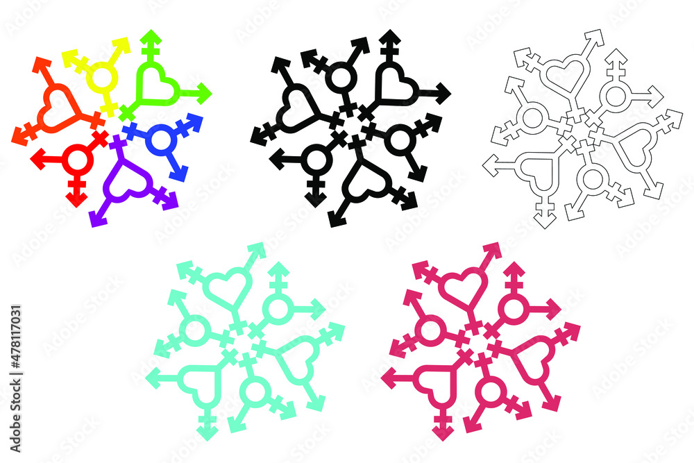 Snowflakes from Transgender and LGBT icon set. Heart shaped transgender symbol in rainbow colors. Concept movement for freedom, pride and self-expression. Flat vector illustration design Snowflakes from Transgender and LGBT icon set. Heart shaped transgender symbol in rainbow colors. Concept movement for freedom, pride and self-expression. Flat vector illustration design