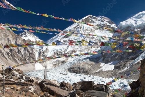 Mount Everest base camp and prayer flags photo