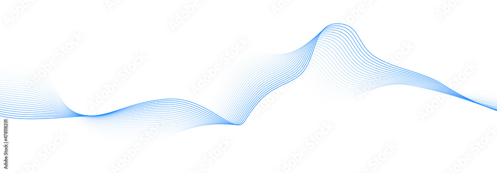 Abstract blue smooth wave on a white background. Dynamic sound wave. Design element. Vector illustration.