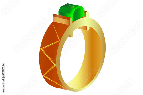 gold ring with two baffles and a green emerald with a spiral at the top 