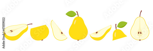 Yellow pears collection. Sweet slices, whole and half pear fruits set. Vector isolated on white.