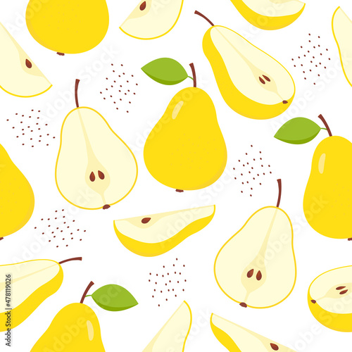 Yellow pears pattern. Sweet slices, whole and half pear fruits seamless pattern. Vector isolated on white.