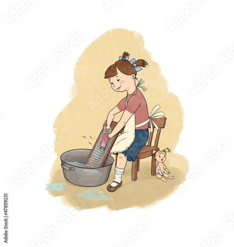 illustration pretty little girl baby child laundry washed the dress doll retro hand draw