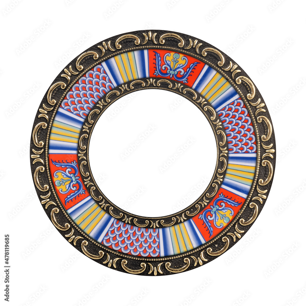 Golden and porcelain round frame for paintings, mirrors or photo isolated on white background