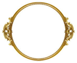 Golden round frame for paintings, mirrors or photo isolated on white background. Design element with clipping path